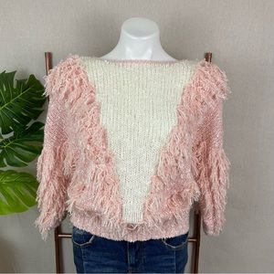 Vintage 80s Pink & White Fringe Shaggy Sweater (Sz Medium)